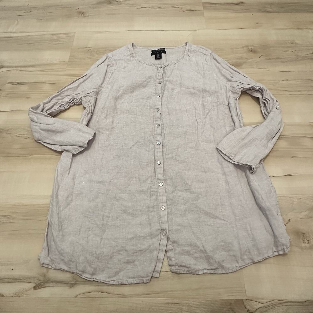 Tahari 1X Top Tunic Linen Button Down Long‎ Sleeve Roll Tab Taupe Coastal Lagum